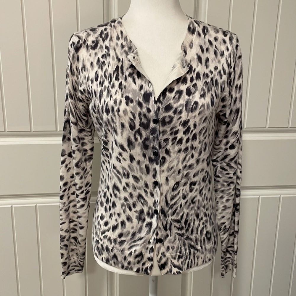 Ann Taylor Cotton Animal Print Button Front Cardigan